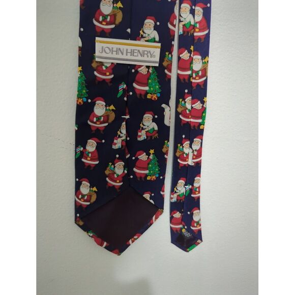 Vintage John Henry Christmas Tree Santa Tie Blue 100%‎ Silk Necktie Made In USA - Picture 3 of 6